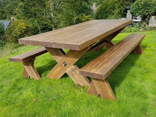 10ft Rustic Garden Table And Bench Set, Wooden Garden Table Bench And Chairs