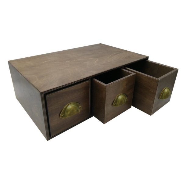 rustic brown triple bread bin 495x310x170 with wood drawers and distressed brass cup handles