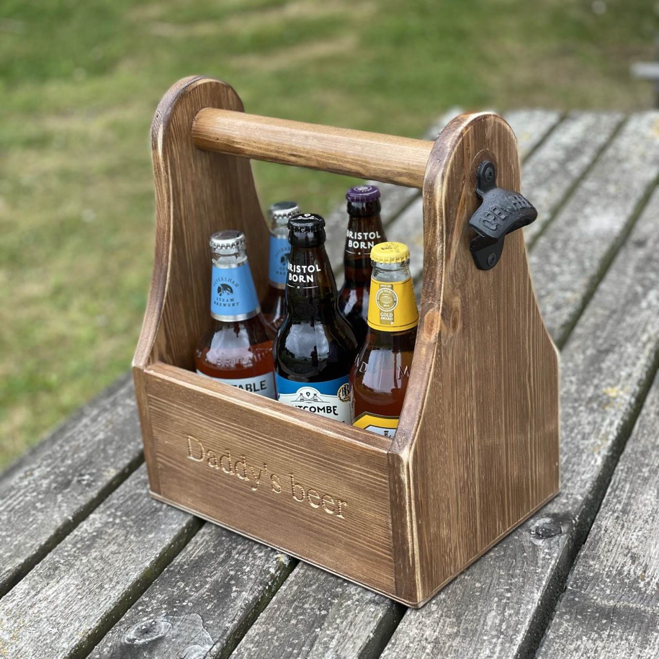 Beer 4 RETRO SHINY RED Wood Metal silver handle Pop or Water bottles caddy with bottle opener