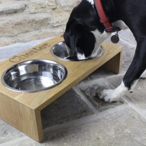 personalised oak double dog bowl in use square