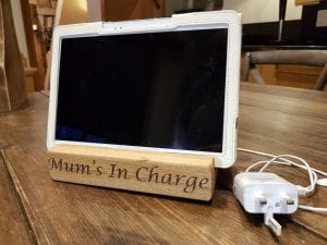 oak tablet holder personalised by mum in use