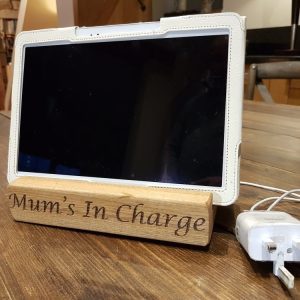 oak tablet holder personalised by mum in use