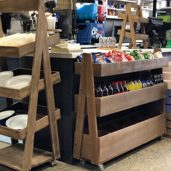 Rustic Brown 1200mm 3-Tier Impulse Queue Divider Display Stand in situ Rustic Brown 1200mm 3-Tier Impulse Queue Divider Display Stand in situ