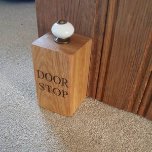 Large Solid Oak Doorstop with Coloured Ceramic Handle