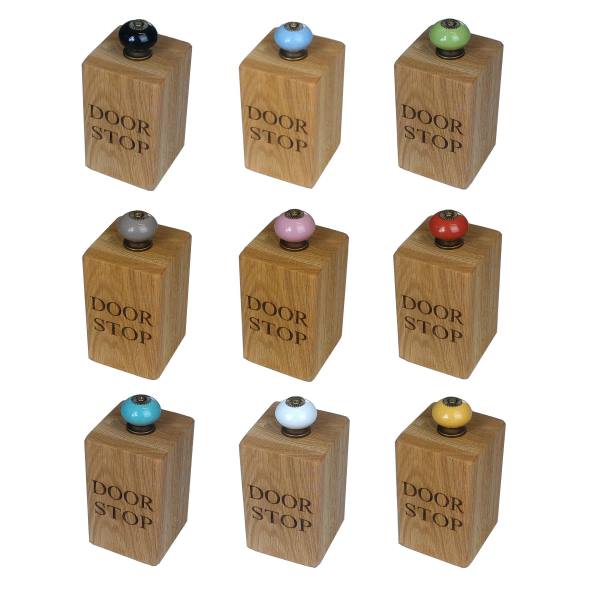 Solid Oak Doorstop With Coloured Ceramic Handle Perfect Finishing Touch