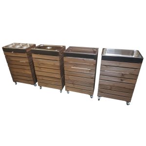 4 rustic brown crate Gastronorm trolleys in row plain