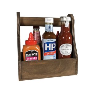 dark brown rustic condiment caddy 215x165x230 in use cut out