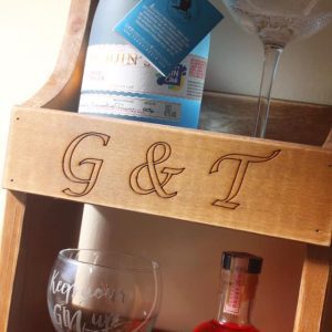 2 bottle gin & and tonic & glass wall mounted rustic wine rack lifestyle