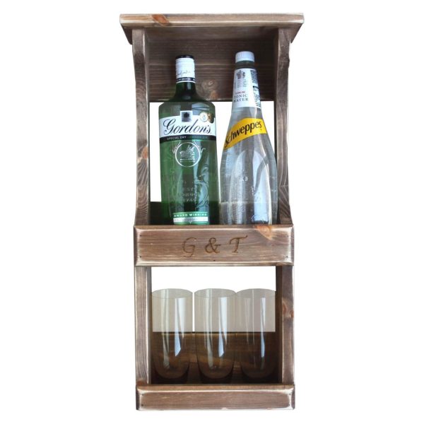 2 gin bottle & glass wall mounted rustic rack in use