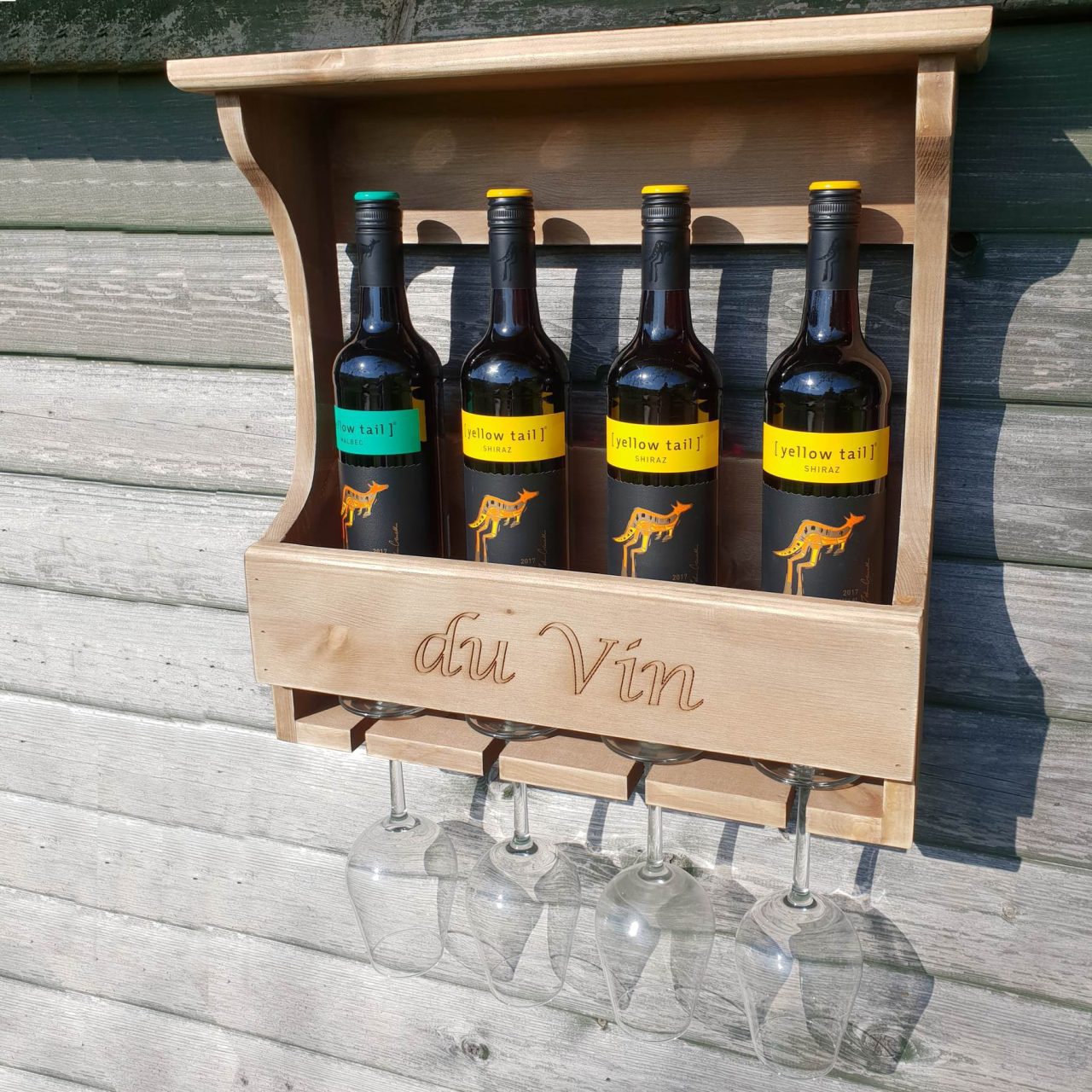 personalised 4 glass bottle wall mounted rustic wooden wine rack 470x135x460