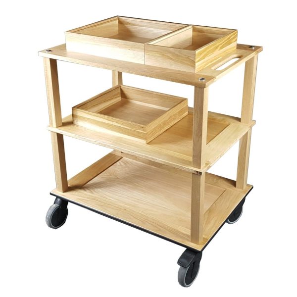 Burford Lacquered Oak Hospitality Trolley with trays side view Burford Lacquered Oak Hospitality Trolley with trays side view