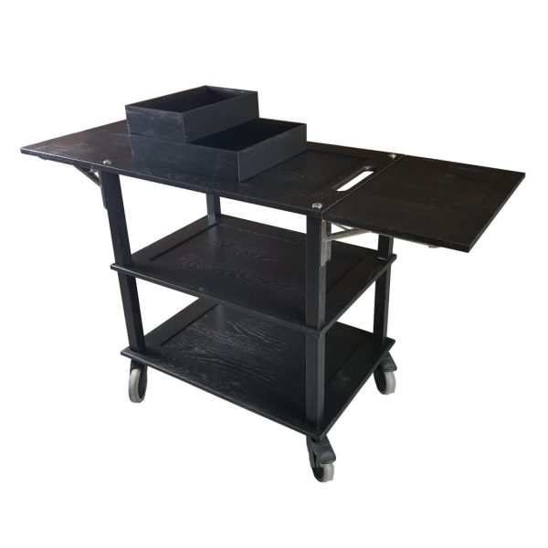 Burford Black Oak Drop Leaf Hospitality Trolley with trays side view Burford Black Oak Drop Leaf Hospitality Trolley with trays side view