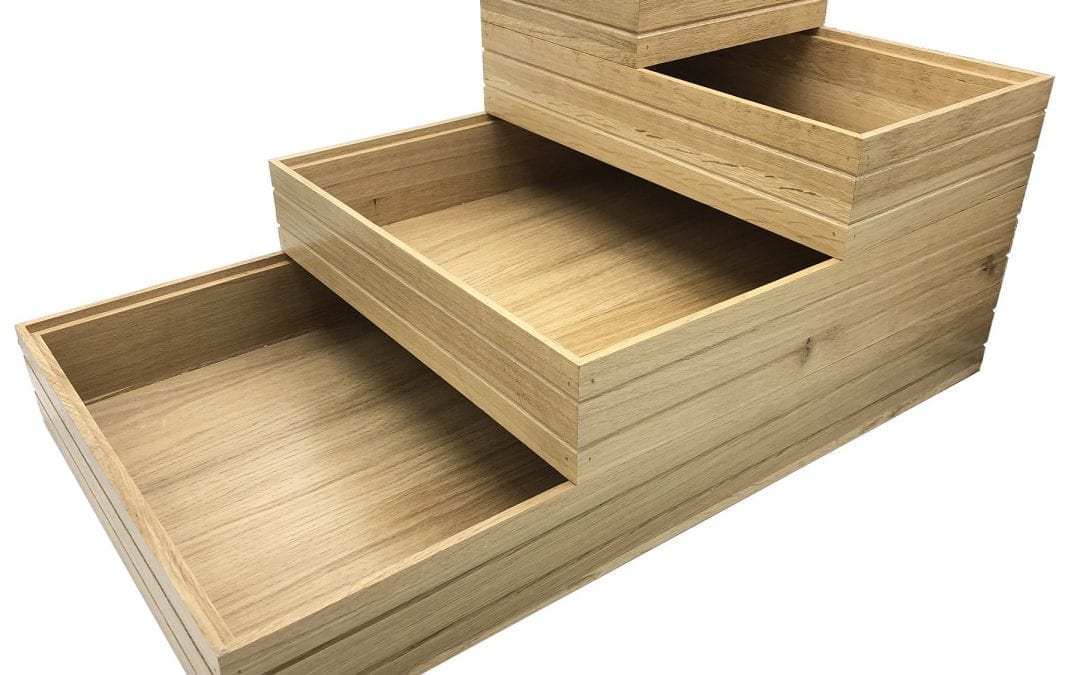 Lacquered Ribbed Oak Trolley Stacker boxes stacked