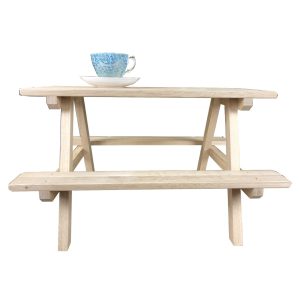 lacquered large oak mini picnic bench display riser with cup from the side