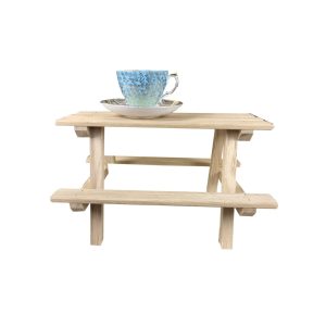 lacquered small oak mini picnic bench display riser with cup from the side