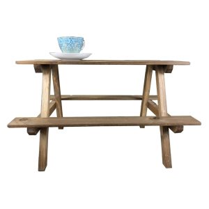 rustic brown large rustic mini picnic bench display riser with cup side view