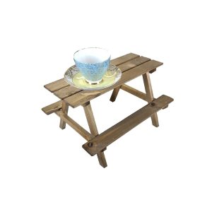 rustic brown small rustic mini picnic bench display riser with cup