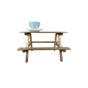 rustic brown small rustic mini picnic bench display riser with cup side view
