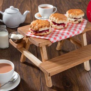 small oak mini picnic bench display riser in situ