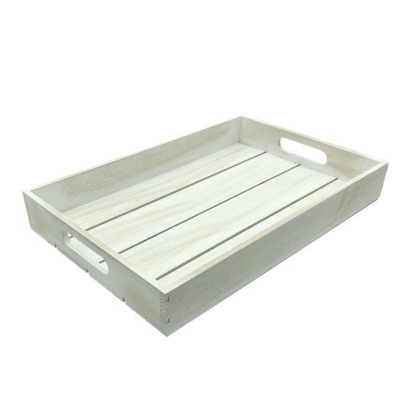 Distressed White painted slatted tray 450x300x60