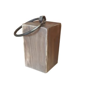 rustic wooden doorstop with iron ring handle 145x145x235