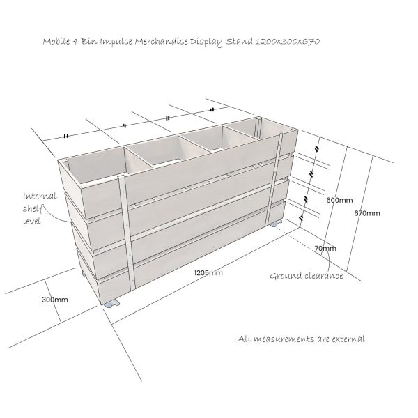mobile 4 Bin Impulse Merchandise Display Stand 1200x300x670 schematic mobile 4 Bin Impulse Merchandise Display Stand 1200x300x670 schematic