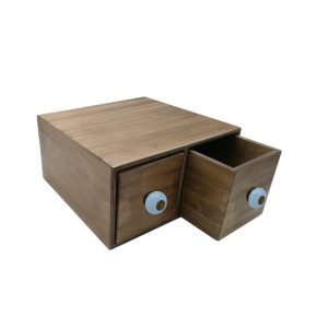 rustic brown double bread bin 335x310x170 with wood drawers and blue ceramic knobs