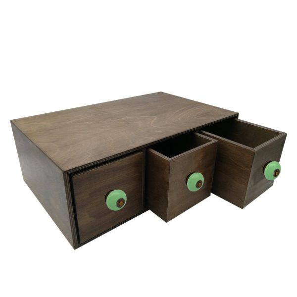 rustic brown triple bread bin 495x310x170 with wood drawers and green ceramic knobs