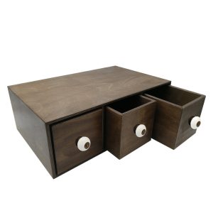 rustic brown triple bread bin 495x310x170 with wood drawers and white ceramic knobs
