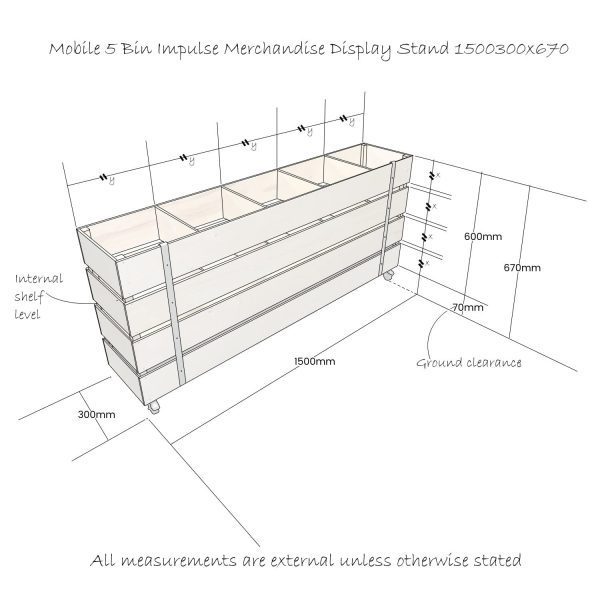 5 Bin Impulse Merchandise Display Stand 1500x300x670 schematic 5 Bin Impulse Merchandise Display Stand 1500x300x670 schematic