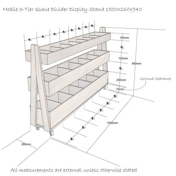 Mobile 3-Tier Queue Divider Display Stand 1500x260x940 Schematic Mobile 3-Tier Queue Divider Display Stand 1500x260x940 Schematic