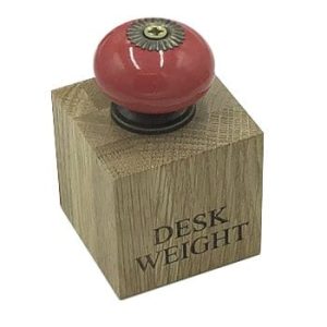 Solid Oak Desk Weight with Red Ceramic Handle