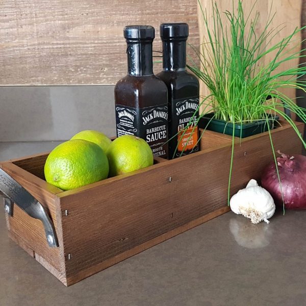 Looped Handle Rustic 3 compartment Tray 350x120x80 in use with plant and bottles Looped Handle Rustic 3 compartment Tray 350x120x80 in use with plant and bottles
