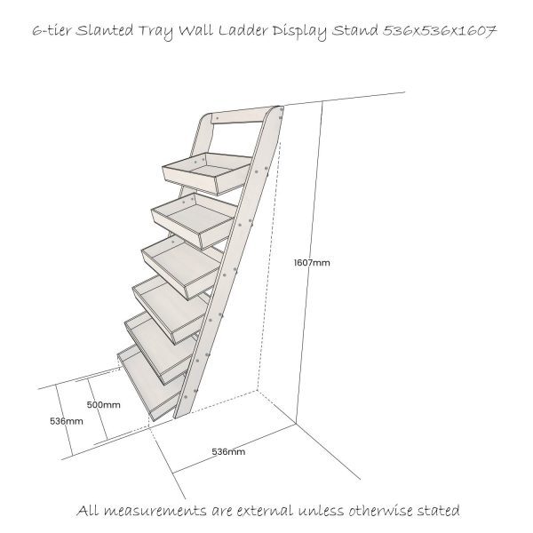Rustic Brown Rustic wide 6-tier slanted tray wall ladder display stand 536x536x1607 Schematic Rustic Brown Rustic wide 6-tier slanted tray wall ladder display stand 536x536x1607 Schematic