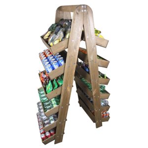 Rustic Brown Rustic wide 6-tier slanted tray wall ladder display stand 536x536x1607 set lifestyle with cans