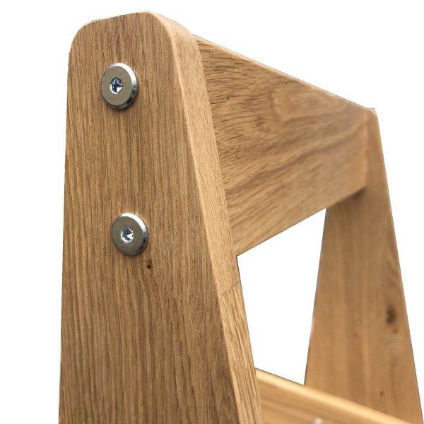 Mobile 5-Tier Slanted Oak A-Frame Display Stand 486x530x1765 detail closeup Mobile 5-Tier Slanted Oak A-Frame Display Stand 486x530x1765 detail closeup