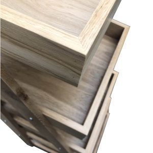 Mobile 5-Tier Slanted Oak A-Frame Display Stand 486x530x1765 top down closeup Mobile 5-Tier Slanted Oak A-Frame Display Stand 486x530x1765 side view