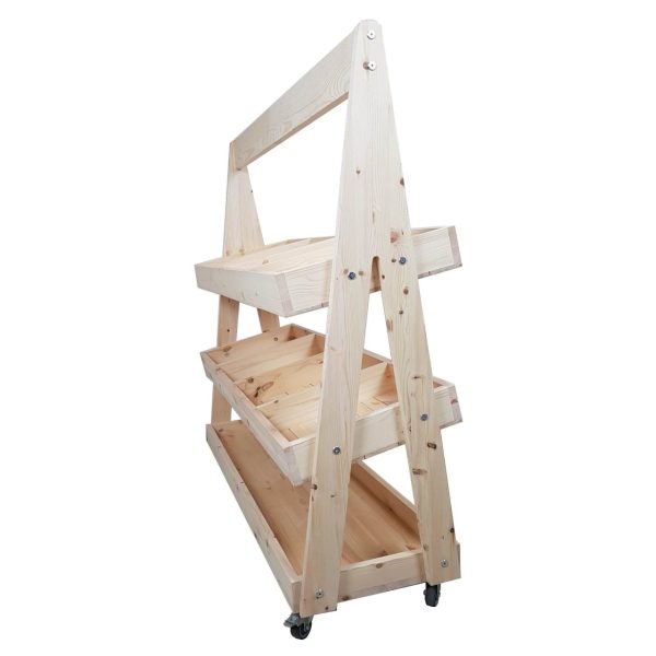 Mobile Natural Rustic Pine 3-Tier Slanted Merchandiser Display Stand 1190x370x1145 end view Mobile Natural Rustic Pine 3-Tier Slanted Merchandiser Display Stand with towels