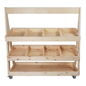 Mobile Natural Rustic Pine 3-Tier Slanted Merchandiser Display Stand 1190x370x1145 front view