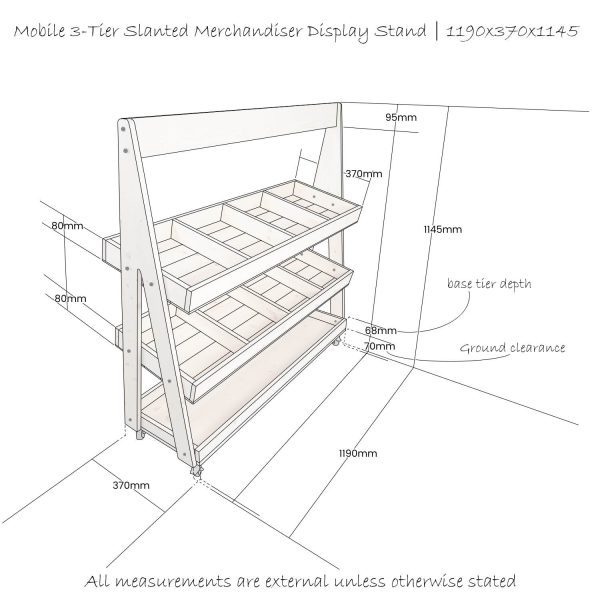 Mobile Natural Rustic Pine 3-Tier Slanted Merchandiser Display Stand 1190x370x1145 schematic Mobile Natural Rustic Pine 3-Tier Slanted Merchandiser Display Stand 1190x370x1145 schematic