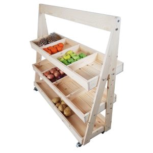Mobile Natural Rustic Pine 3-Tier Slanted Merchandiser Display Stand 1190x370x1145 with fruit Mobile Natural Rustic Pine 3-Tier Slanted Merchandiser Display Stand 1190x370x1145 with fruit
