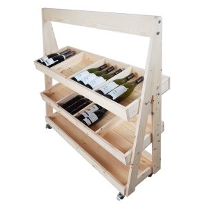 Mobile Natural Rustic Pine 3-Tier Slanted Merchandiser Display Stand 1190x370x1145 with wine