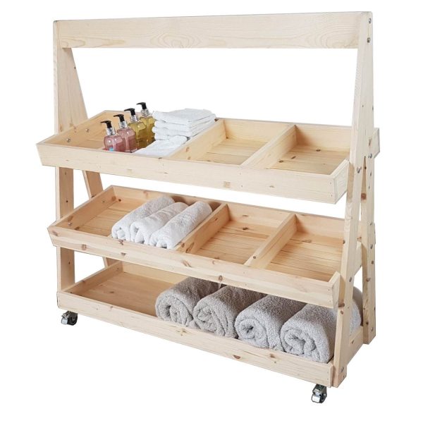 Mobile Natural Rustic Pine 3-Tier Slanted Merchandiser Display Stand with towels Mobile Natural Rustic Pine 3-Tier Slanted Merchandiser Display Stand with towels