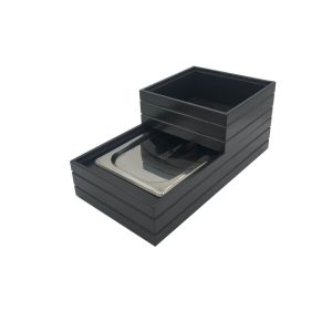 B1-3 Ribbed Black Oak Trolley Stacker box 398x212x80 with gastronorm riser gastronorm lid and stacked box B1-3 Ribbed Black Oak Trolley Stacker box 398x212x80 with gastronorm riser gastronorm lid and stacked box