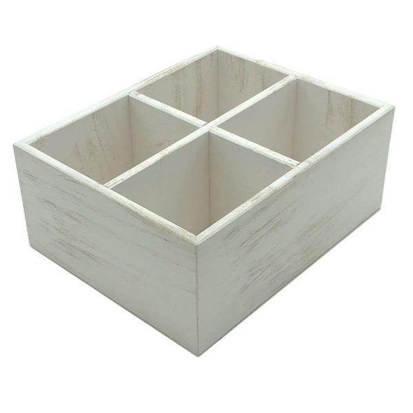 White Distressed White Distressed Painted 4 Compartment Ply Cutlery & Condiment Holder 260x207x110