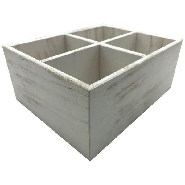 White Distressed Painted Ply Cutlery and Condiment Holder 260x207x110 corner detail White Distressed Painted Ply Cutlery and Condiment Holder 260x207x110 corner detail