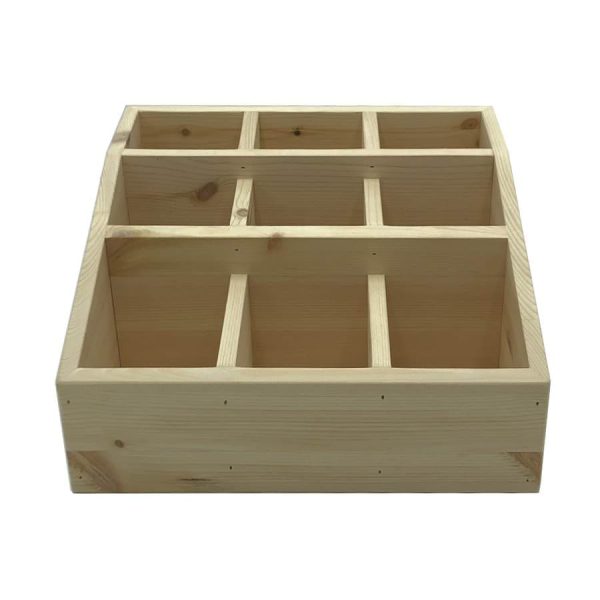 Natural Pine 3 tier 9 compartment cutlery & condiment holder front view Natural Pine 3 tier 9 compartment cutlery & condiment holder front view
