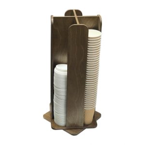 Rustic Brown Ply 4 Compartment Rotating Cup & Lid Holder 230x230x554 with cups and lids
