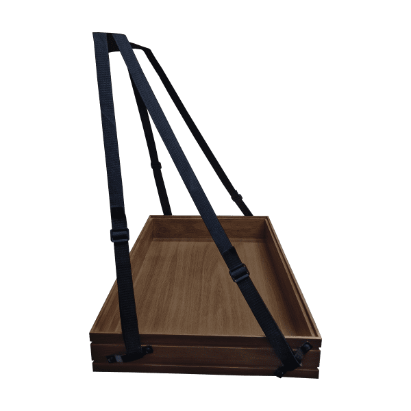 B1/1 Ribbed Dark Brown Oak Trolley Stacker Usherette Tray side view 636x398x80 B1/1 Ribbed Dark Brown Oak Trolley Stacker Usherette Tray side view 636x398x80