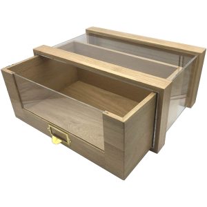 Oak Single Bread Bin 500x325x220 with viewing panels and brass ticket handle Drawer open